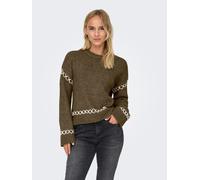 Rundhalspullover ONLY "ONLAMANDA LIFE LS O-NECK DETAIL CC KNT", Damen, Gr. M, grün (cub detail:cloud dancer), Strick, Obermaterial: 77% Polyester, 23% Polyacryl, unifarben, regular fit hüftlang, Rundh