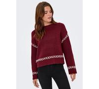Rundhalspullover ONLY "ONLAMANDA LIFE LS O-NECK DETAIL CC KNT", Damen, Gr. S, cabernet detail:cloud dancer, Strick, Obermaterial: 77% Polyester, 23% Polyacryl, unifarben, regular fit hüftlang, Rundhal