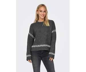 Rundhalspullover ONLY "ONLAMANDA LIFE LS O-NECK DETAIL CC KNT", Damen, Gr. S, grau (dunkelgrau melange detail:cloud dancer), Strick, Obermaterial: 77% Polyester, 23% Polyacryl, unifarben mit Farbeinsa