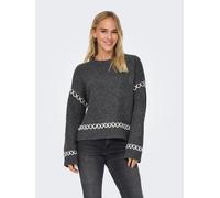 Rundhalspullover ONLY "ONLAMANDA LIFE LS O-NECK DETAIL CC KNT", Damen, Gr. XL, grau (dunkelgrau melange detail:cloud dancer), Strick, Obermaterial: 77% Polyester, 23% Polyacryl, unifarben mit Farbeins