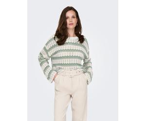 Rundhalspullover ONLY "ONLASA LS SHORT O-NECK CC KNT", Damen, Gr. L, birch stripes:laurel wreth, jadeite, Strick, Obermaterial: 60% Baumwolle, 40% Polyacryl, gestreift, regular fit hüftlang, Rundhals,