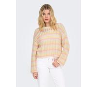 Rundhalspullover ONLY "ONLASA LS SHORT O-NECK CC KNT", Damen, Gr. L, birch stripes:sunlight, romance rose, Strick, Obermaterial: 60% Baumwolle, 40% Polyacryl, gestreift, regular fit hüftlang, Rundhals