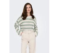 Rundhalspullover ONLY "ONLASA LS SHORT O-NECK CC KNT", Damen, Gr. M, birch stripes:laurel wreth, jadeite, Strick, Obermaterial: 60% Baumwolle, 40% Polyacryl, gestreift, regular fit hüftlang, Rundhals,