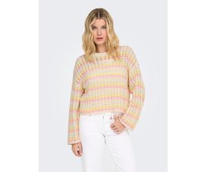 Rundhalspullover ONLY "ONLASA LS SHORT O-NECK CC KNT", Damen, Gr. M, birch stripes:sunlight, romance rose, Strick, Obermaterial: 60% Baumwolle, 40% Polyacryl, gestreift, regular fit hüftlang, Rundhals
