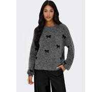 Rundhalspullover ONLY "ONLBRUNHILDA LIFE LS BOW O-NECK KNT", Damen, Gr. M, grau (medium grau melange pattern:schwarz, mini bow), Strick, Obermaterial: 55% Polyester, 18% Polyacryl, 14% Nylon, 10% Woll