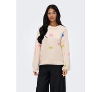 Rundhalspullover ONLY "ONLBRUNHILDA LIFE LS BOW O-NECK KNT", Damen, Gr. XS, baby's breath pattern:camp g, wild r, campa, mel, mini bow, Strick, Obermaterial: 55% Polyester, 18% Polyacryl, 14% Nylon, 1