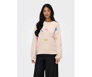 Rundhalspullover ONLY "ONLBRUNHILDA LIFE LS BOW O-NECK KNT", Damen, Gr. XS, baby's breath pattern:camp g, wild r, campa, mel, mini bow, Strick, Obermaterial: 55% Polyester, 18% Polyacryl, 14% Nylon, 1