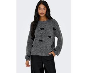 Rundhalspullover ONLY "ONLBRUNHILDA LIFE LS BOW O-NECK KNT", Damen, Gr. XS, grau (medium grau melange pattern:schwarz, mini bow), Strick, Obermaterial: 55% Polyester, 18% Polyacryl, 14% Nylon, 10% Wol
