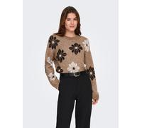 Rundhalspullover ONLY "ONLFREESIA LS FLOWER O-NECK RP KNT", Damen, Gr. M, toasted coconut pattern:flowers, schwarz coffee, pumice stone, Strick, Obermaterial: 80% Polyacryl, 20% Polyester, gemustert,
