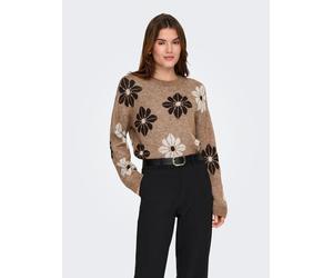 Rundhalspullover ONLY "ONLFREESIA LS FLOWER O-NECK RP KNT", Damen, Gr. M, toasted coconut pattern:flowers, schwarz coffee, pumice stone, Strick, Obermaterial: 80% Polyacryl, 20% Polyester, gemustert,