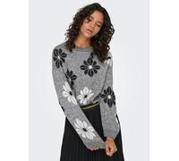 Rundhalspullover ONLY "ONLFREESIA LS FLOWER O-NECK RP KNT", Damen, Gr. S, medium grau melange pattern:flowers, schwarz, cloud dancer, Strick, Obermaterial: 80% Polyacryl, 20% Polyester, gemustert, reg
