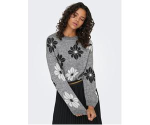 Rundhalspullover ONLY "ONLFREESIA LS FLOWER O-NECK RP KNT", Damen, Gr. S, medium grau melange pattern:flowers, schwarz, cloud dancer, Strick, Obermaterial: 80% Polyacryl, 20% Polyester, gemustert, reg