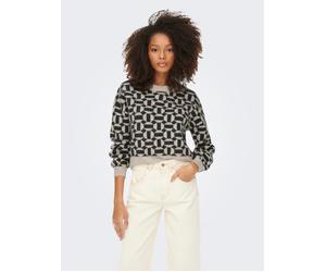 Rundhalspullover ONLY "ONLGEO LIFE L/S PULLOVER KNT", Damen, Gr. S, beige (oatmeal pattern:melange, schwarz melange), Strick, Obermaterial: 78% Polyester, 19% Polyacryl, 3% Elasthan, gemustert, hüftla