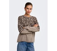 Rundhalspullover ONLY "ONLJADE ANIMAL LS O-NECK NOOS KNT", Damen, Gr. L, braun (malt ball pattern:leo, coffee bean), Strick, Obermaterial: 81% Polyacryl, 19% Polyester, gemustert, regular fit normal, 