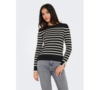 Rundhalspullover ONLY "ONLKALANA LS O-NECK KNT NCA", Damen, Gr. S, schwarz stripes:weißcap grau, Strick, Obermaterial: 73% Viskose, 27% Polyester, gestreift, slim fit hüftlang, Rundhals, Pullover Rund