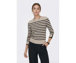 Rundhalspullover ONLY "ONLKALANA LS O-NECK KNT NCA", Damen, Gr. XL, beige (weißcap gray stripes:schwarz), Strick, Obermaterial: 73% Viskose, 27% Polyester, gestreift, slim fit hüftlang, Rundhals, Pull