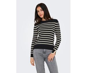 Rundhalspullover ONLY "ONLKALANA LS O-NECK KNT NCA", Damen, Gr. XS, weiß (schwarz stripes:weißcap grau), Strick, Obermaterial: 73% Viskose, 27% Polyester, gestreift, slim fit hüftlang, Rundhals, Pullo
