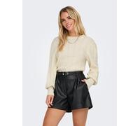 Rundhalspullover ONLY "ONLKATIA LS STRUC PUFF ONECK CC KNT", Damen, Gr. L, beige (weißcap gray detail:with melange), Strick, Obermaterial: 50% Viskose, 27% Nylon, 23% Polyester, meliert, regular fit k