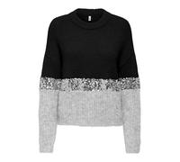Rundhalspullover ONLY "ONLMAINE LIFE LS SEQUIN BLOCK O-NECK KNT", Damen, Gr. M, schwarz detail:sliver sequins, light grau mel, Strick, Obermaterial: 70% Polyester, 21% Nylon, 8% Wolle, 1% Elasthan, re