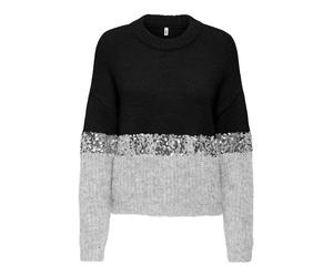 Rundhalspullover ONLY "ONLMAINE LIFE LS SEQUIN BLOCK O-NECK KNT", Damen, Gr. XS, schwarz detail:sliver sequins, light grau mel, Strick, Obermaterial: 70% Polyester, 21% Nylon, 8% Wolle, 1% Elasthan, r