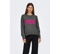 Rundhalspullover ONLY "ONLNEW AMOUR LS TEXT O-NECK CS KNT", Damen, Gr. L, grau (medium grau melange detail:fuchsia lila amour), Strick, Obermaterial: 78% Polyacryl, 18% Polyester, 4% Nylon, gemustert,
