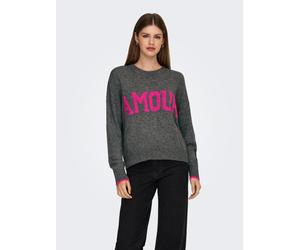 Rundhalspullover ONLY "ONLNEW AMOUR LS TEXT O-NECK CS KNT", Damen, Gr. L, medium grau melange detail:fuchsia lila amour, Strick, Obermaterial: 78% Polyacryl, 18% Polyester, 4% Nylon, gemustert, regula