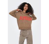 Rundhalspullover ONLY "ONLNEW AMOUR LS TEXT O-NECK CS KNT", Damen, Gr. S, cocoa créme detail:fiesta amour, Strick, Obermaterial: 78% Polyacryl, 18% Polyester, 4% Nylon, gemustert, regular fit, Rundhal