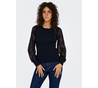 Rundhalspullover ONLY "ONLPERRY LIFE LS MIX O-NECK KNT", Damen, Gr. S, schwarz (schwarz detail:dtm lace), Strick, Obermaterial: 78% Polyester, 22% Viskose, unifarben, slim fit, Rundhals, Pullover Rund