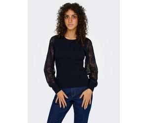 Rundhalspullover ONLY "ONLPERRY LIFE LS MIX O-NECK KNT", Damen, Gr. S, schwarz (schwarz detail:dtm lace), Strick, Obermaterial: 78% Polyester, 22% Viskose, unifarben, slim fit, Rundhals, Pullover Rund
