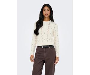 Rundhalspullover ONLY "ONLRITA LIFE LS EMBR CABLE KNT NOOS", Damen, Gr. M, weiß (ecru detail:cashmere blau flower), Strick, Obermaterial: 53% Baumwolle, 47% Polyester, bestickt, unifarben mit Farbeins