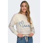 Rundhalspullover ONLY "ONLSIGNE LIFE LS TEXT DETAI ONECK CC KNT", Damen, Gr. XS, weißcap gray detail:mel, riviera blau stripe, love, Strick, Obermaterial: 50% Viskose, 27% Nylon, 23% Polyester, bedruc