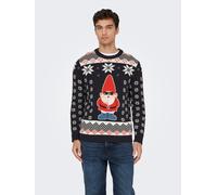 Rundhalspullover ONLY & SONS "ONSX-MAX REG CREW KNIT", Herren, Gr. L, blau (schwarz navy detail:santa), Strick, Obermaterial: 100% Baumwolle, gemustert, regular fit normal, Rundhals, Rippbündchen, Pul