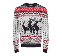 Rundhalspullover ONLY & SONS "ONSX-MAX REG DEER CREW KNIT", Herren, Gr. XL, weiß (cloud dancer), Strick, Obermaterial: 100% Baumwolle, gemustert, regular fit, Rundhals, Rippbündchen, Pullover Rundhals