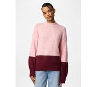 Rundhalspullover PIECES "PCIVY LS O-NECK COLOR BLOCK KNIT PWP BC", Damen, Gr. L, pink, a, boo detail:tawny port, Strick, Obermaterial: 78% Polyester, 21% Nylon, 1% Elasthan, colorblocking, hüftlang, R