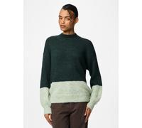 Rundhalspullover PIECES "PCIVY LS O-NECK COLOR BLOCK KNIT PWP BC", Damen, Gr. L, schwarzest spruce detail:grün bay, Strick, Obermaterial: 78% Polyester, 21% Nylon, 1% Elasthan, colorblocking, hüftlang