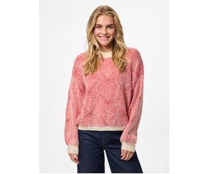 Rundhalspullover PIECES "PCJENNA LS O-NECK KNIT NOOS BC", Damen, Gr. XS, weiß (weißcap gray detail:goji berry), Strick, Obermaterial: 79% Polyester, 13% Polyacryl, 5% Wolle, 3% Elasthan, gemustert, re