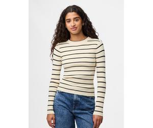 Rundhalspullover PIECES "PCMIRA NEW LS O-NECK KNIT NOOS BC", Damen, Gr. L, beige (birch detail:schwarz narrow), Strick, Obermaterial: 50% Viskose, 28% Polyester, 22% Nylon, slim fit normal, Rundhals,