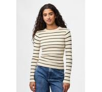 Rundhalspullover PIECES "PCMIRA NEW LS O-NECK KNIT NOOS BC", Damen, Gr. M, beige (birch detail:schwarz narrow), Strick, Obermaterial: 50% Viskose, 28% Polyester, 22% Nylon, slim fit normal, Rundhals,