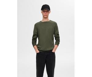 Rundhalspullover SELECTED "SLHBERG CREW NECK NOOS", Herren, Gr. XL, grün (kalamata), Strick, Obermaterial: 100% Baumwolle, unifarben, regular fit normal, Rundhals, Rippbündchen, Pullover Rundhalspullo