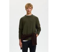 Rundhalspullover SELECTED "SLMALEX LS KNIT CREW NECK NOOS", Herren, Gr. L, grün (forest night), Strick, Obermaterial: 86% Baumwolle, 12% Nylon, 2% Elasthan, unifarben, relaxed fit normal, Rundhals, Ri