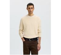 Rundhalspullover SELECTED "SLMBRAUN KNIT CABLE CREW NOOS", Herren, Gr. XL, beige (birch), Strick, Obermaterial: 100% Baumwolle, unifarben, relaxed fit normal, Rundhals, Bündchen, Pullover Rundhalspull