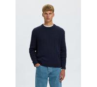 Rundhalspullover SELECTED "SLMBRAUN KNIT CABLE CREW NOOS", Herren, Gr. XL, blau (navy blazer), Strick, Obermaterial: 100% Baumwolle, unifarben, relaxed fit normal, Rundhals, Bündchen, Pullover Rundhal