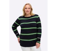 Rundhalspullover SHEEGO "Pullover", Damen, Gr. 40/42, blau (tiefblau, apfel, geringelt), 100% Baumwolle, gemustert, gestreift, mehrfarbig, Pullover Rundhalspullover (20415754-40) tiefblau, apfel, geri