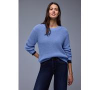 Rundhalspullover STREET ONE, Damen, Gr. 42, bonnet blau, Strick, Obermaterial: 59% Baumwolle, 41% Polyester, unifarben, regular fit normal, Rundhals, Rippbündchen, Pullover Rundhalspullover, mit Rippb
