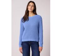 Rundhalspullover STREET ONE, Damen, Gr. 46, bonnet blau, Web, 59% Baumwolle, 41% Polyester, unifarben, normal normal, Rundhals, Rippbündchen, Pullover Rundhalspullover, mit Rippstrick-Struktur (508321