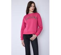 Rundhalspullover STREET ONE STUDIO, Damen, Gr. 38, schwarz candy pink, Web, 60% Baumwolle, 40% Polyester, unifarben, normal normal, Rundhals, elastischer Bund, Pullover Rundhalspullover, mit Wording (