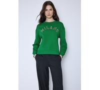 Rundhalspullover STREET ONE STUDIO, Damen, Gr. 44, bold grün, Web, 60% Baumwolle, 40% Polyester, unifarben, normal normal, Rundhals, elastischer Bund, Pullover Rundhalspullover, mit Wording (99676416-