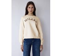 Rundhalspullover STREET ONE STUDIO, Damen, Gr. 44, soft beige, Web, 60% Baumwolle, 40% Polyester, unifarben, normal normal, Rundhals, elastischer Bund, Pullover Rundhalspullover, mit Wording (85516025