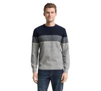 Rundhalspullover TOM TAILOR, Herren, Gr. L, navy sanftes weiß weiß stripe, Strick, Obermaterial: 100% Baumwolle, colorblocking, regular fit normal, Rundhals, Rippbündchen, Pullover, mit Colorblock (31