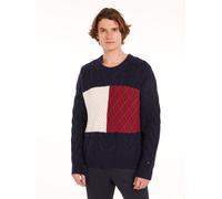 Rundhalspullover TOMMY HILFIGER "CABLE FLAG SWEATER", Herren, Gr. L, blau (desert sky), Strick, Obermaterial: 80% Wolle, 20% Polyamid, casual, regular fit, Rundhals, Langarm Rippbündchen, Pullover, mi